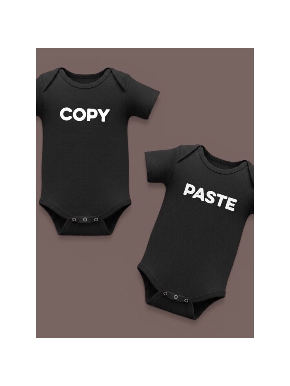 Custom Black COPY PASTE onesie bodysuit set for identical twins. 0-3 months